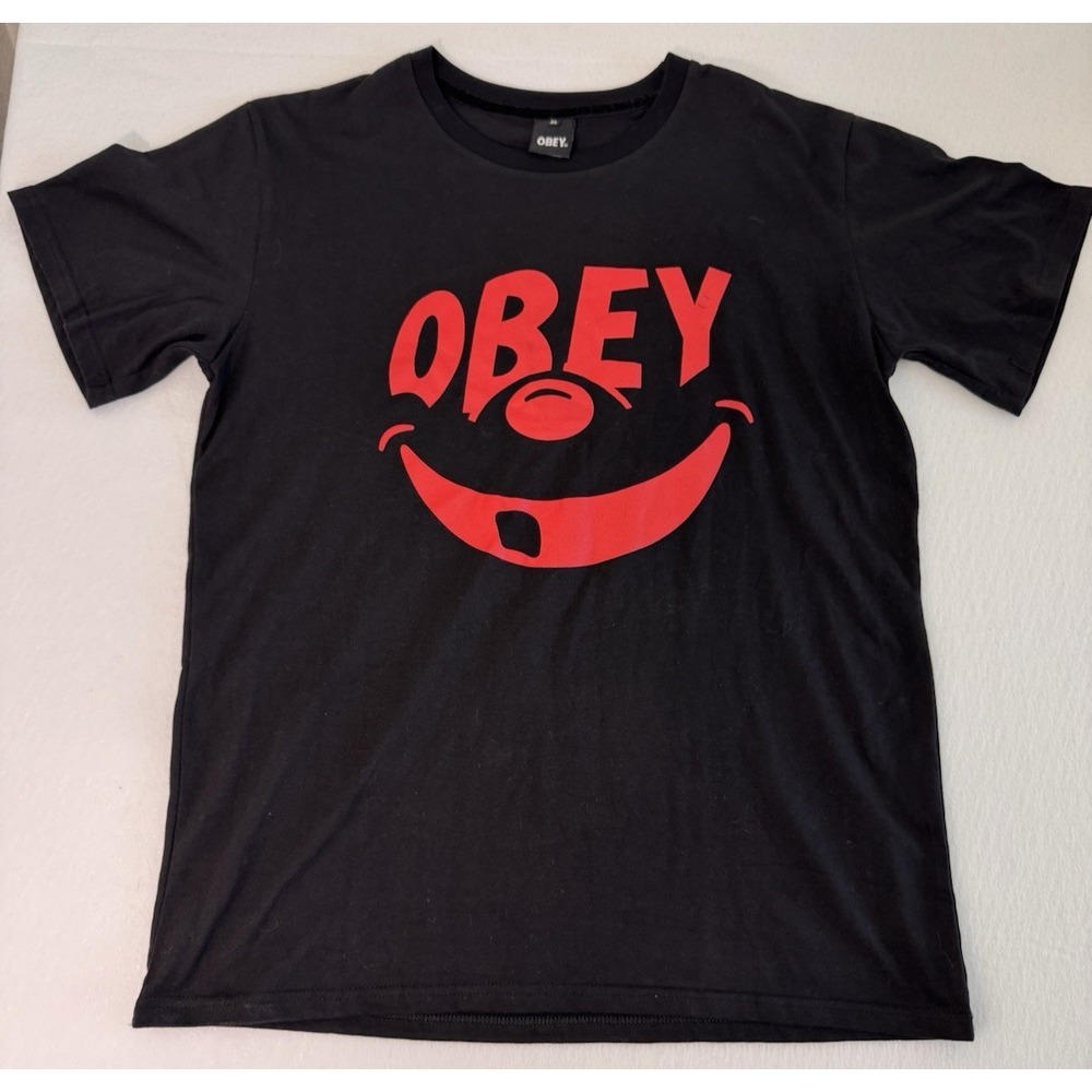 OBEY Mens Shirt Size XL Black Red Smile Face Graphic Print Double Sided Y2K VTG